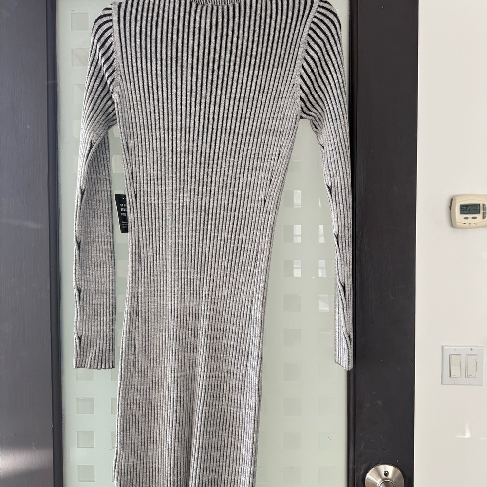 Express ribbed knit Black and White Striped Long Sleeve Dress - Picture 2 of 5